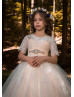 Short Sleeves Ivory Lace Tulle Long Flower Girl Dress With Beaded Sash Short Sleeves Ivory Lace Tulle Long Flower Girl Dress With Beaded Sash